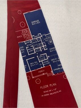 Vtg Vicky Davis HOME WORK Silk Tie Architect Floor Plan Blueprint Red Navy USA
